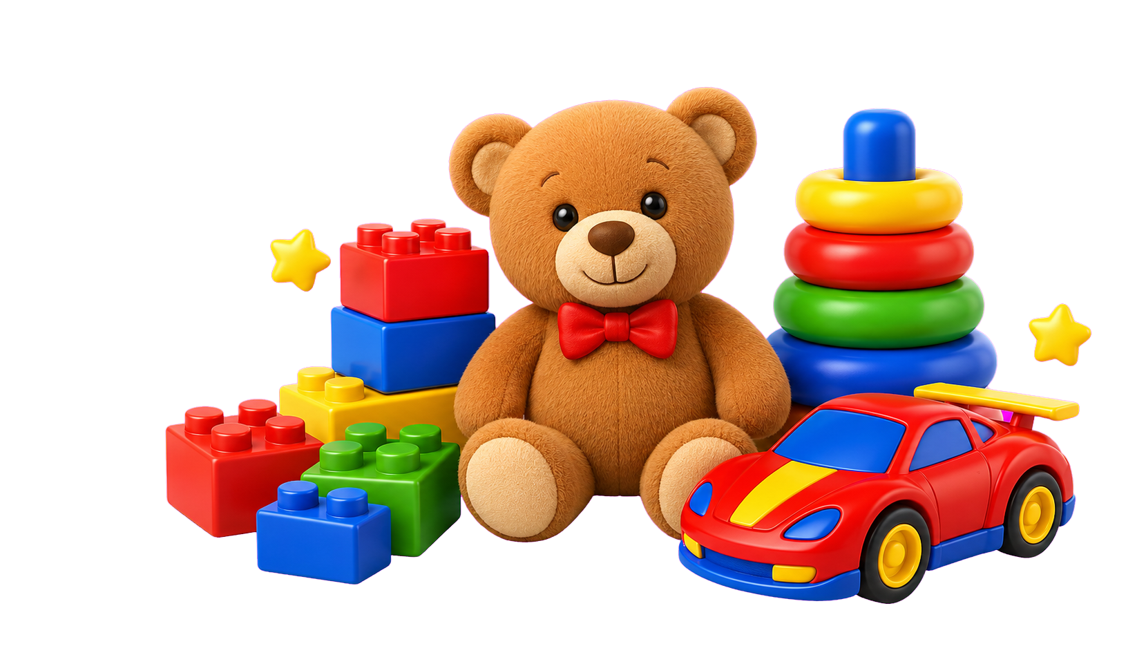 Ursinho, carrinho, blocos e brinquedos coloridos