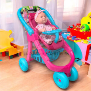 Kit Carrinho De Boneca 3 em 1 Com Boneca Fala Sons De Bebês