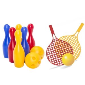 Jogo De Boliche Infantil 2 Bolas 16cm + 2 Raquetes Praia + Gira Gira