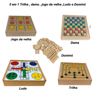 Jogos de Tabuleiros 5 em 1 Dama Dominó Ludo Jogo Da Velha Trilha Dama