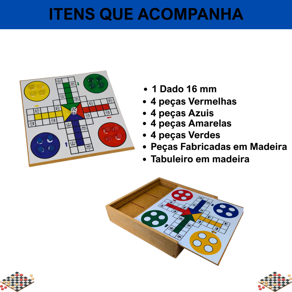 Jogos de Tabuleiros 5 em 1 Dama Dominó Ludo Jogo Da Velha Trilha Dama - Imagem 5