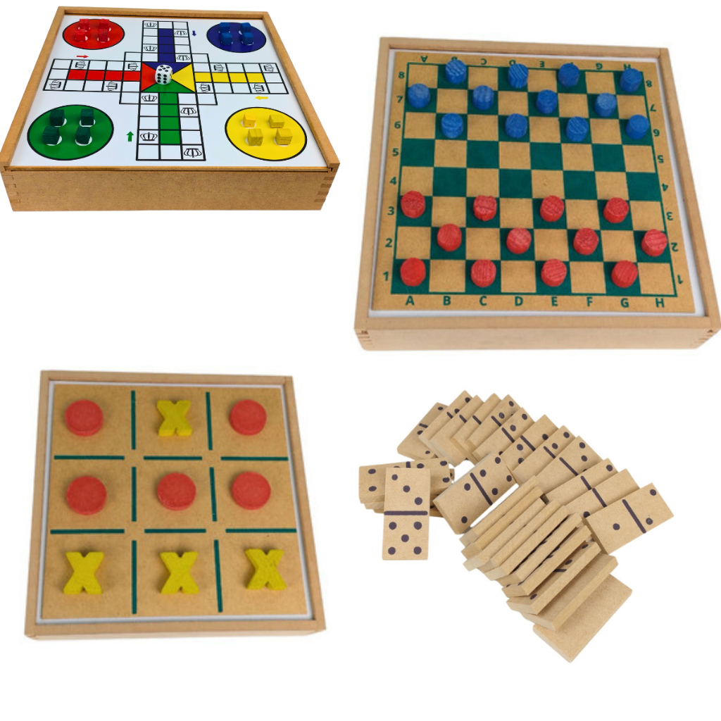 Jogos de Tabuleiros 5 em 1 Dama Dominó Ludo Jogo Da Velha Trilha Dama - Imagem 7