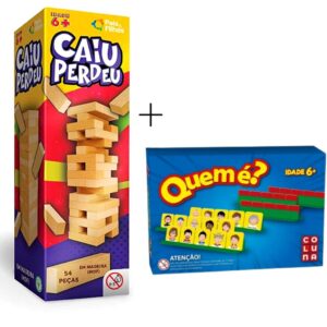 KIT Jogo Quem é? (Estilo Cara a Cara) + Jogo Caiu Perdeu C/54 Blocos de Madeira