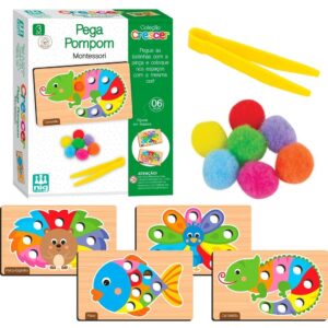 Jogo Pega Pom Pom Didático Aprender Cores - Madeira