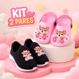 Kit Infantil Menina Tênis Calce Fácil + Babuche Emborrachado Raposa