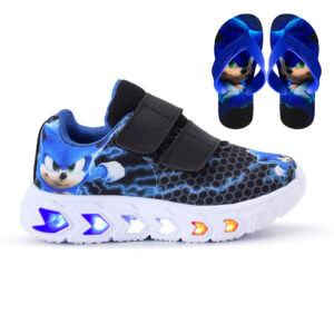 Kit Tênis Masculino Infantil De Led Meninos Sonic Velcro Preto Royal + Chinelo