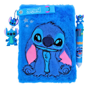 Kit Caderno Pelúcia Stitch Caneta 10 Cores E Chaveiro