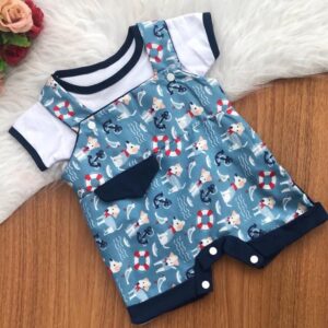 Macacão curto com camiseta para bebe menino jardineira marinheiro