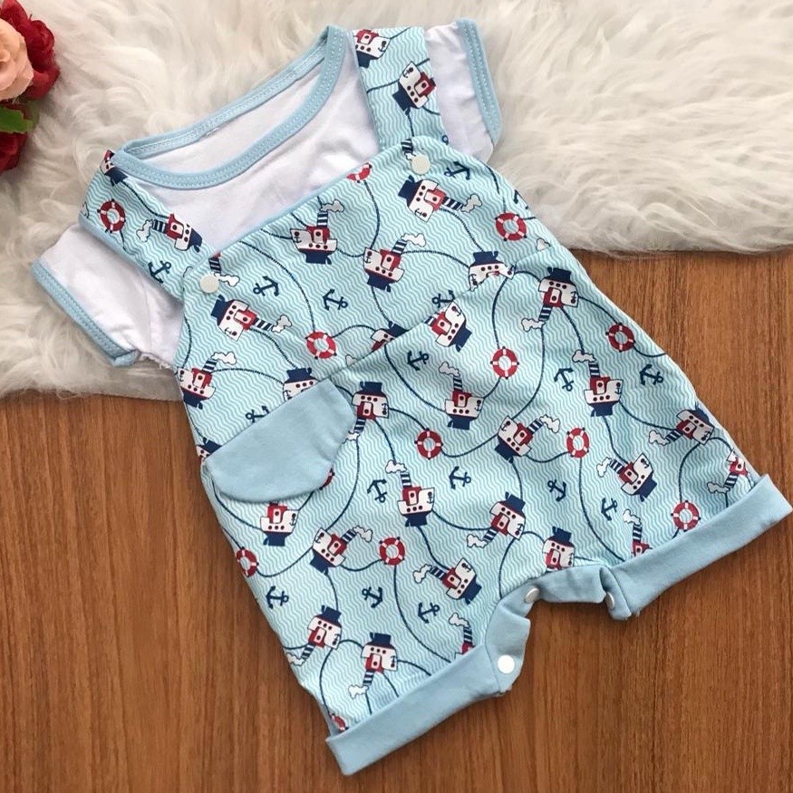 Macacão curto com camiseta para bebe menino jardineira marinheiro - Imagem 2
