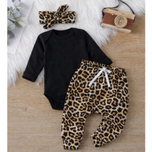 Conjunto Bebê Menina Frio Calça, Body Longo, Faixa de Cabelo Algodão Onça