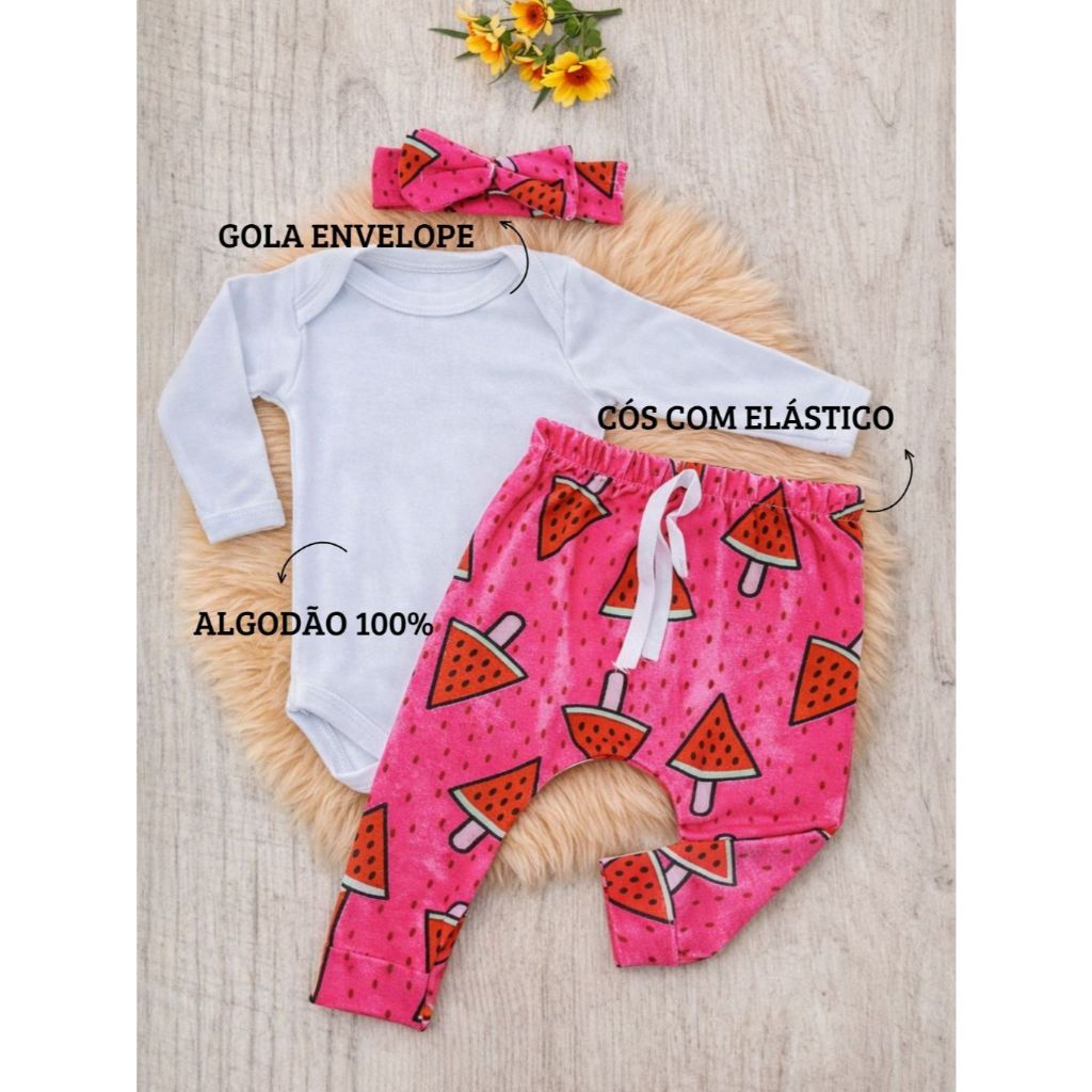 Conjunto Bebê Menina Frio Calça, Body Longo, Faixa de Cabelo Algodão Onça - Imagem 2