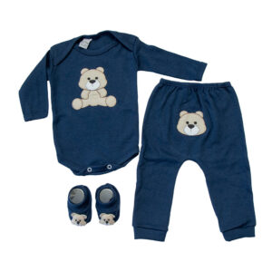 Body Bebê conjunto 3 peças com mijão bordado e sapatinho ursinho teddy