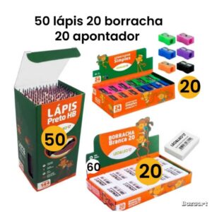 Kit 50 Lápis de Escrever Preto 20 Borracha Escolar Branca N60 20 Apontador