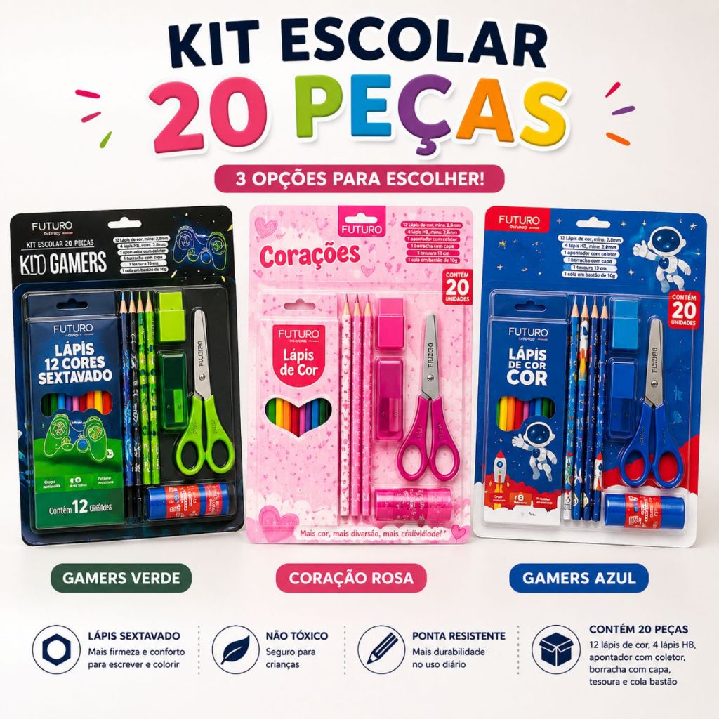 Kit Escolar Infantil Papelaria Completo 20 Peças Material Escolar - Imagem 2