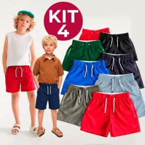 Kit 4 Short Bermuda Infantil Juvenil Tactel Menino Com Bolso Elastano