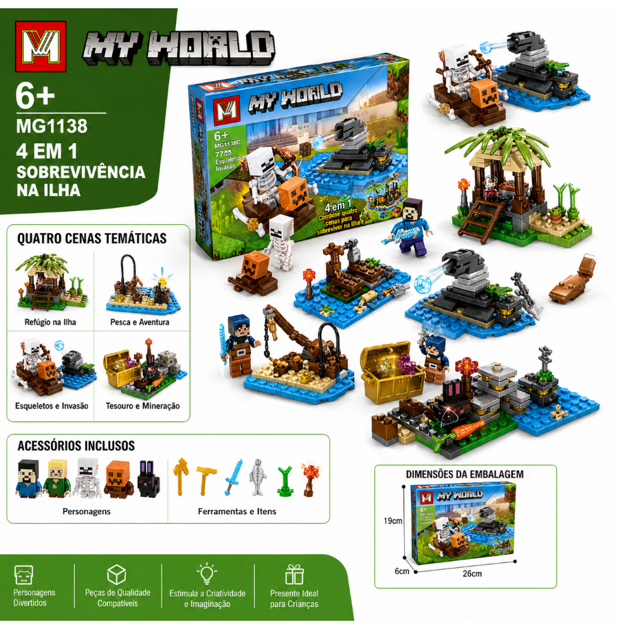 Blocos de Montar Estilo Pixel 4 Modelos Ilha Deserta Cabana Tesouro - Imagem 4