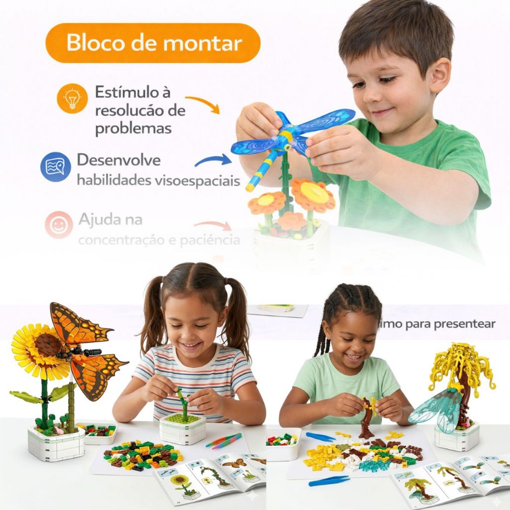 Blocos De Montar Insetos Flores Construir Brinquedo Educativo - Imagem 3