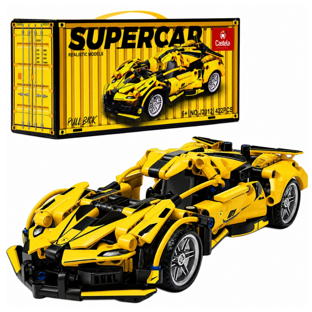 Blocos de Montar Supercarro Amarelo 422 Peças Embalagem Contêiner