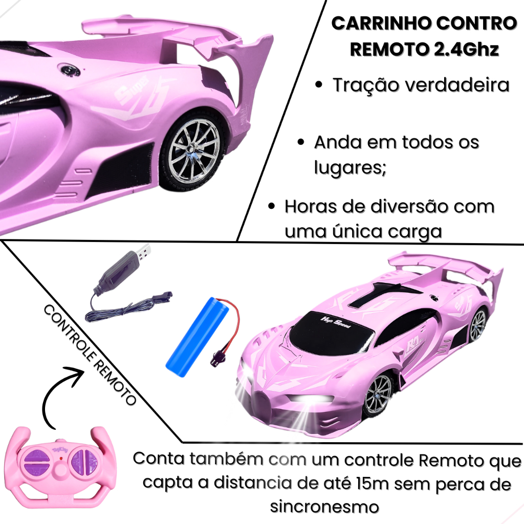 Carrinho Controle Remoto A Bateria Recarregável Para Menina Esportivo Rápido Lamborguini Ferrari Led - Imagem 2